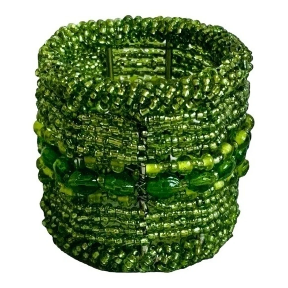 Vintage Green Micro Beaded Napkin Rings Set of 4 Handmade India Moroccan 2